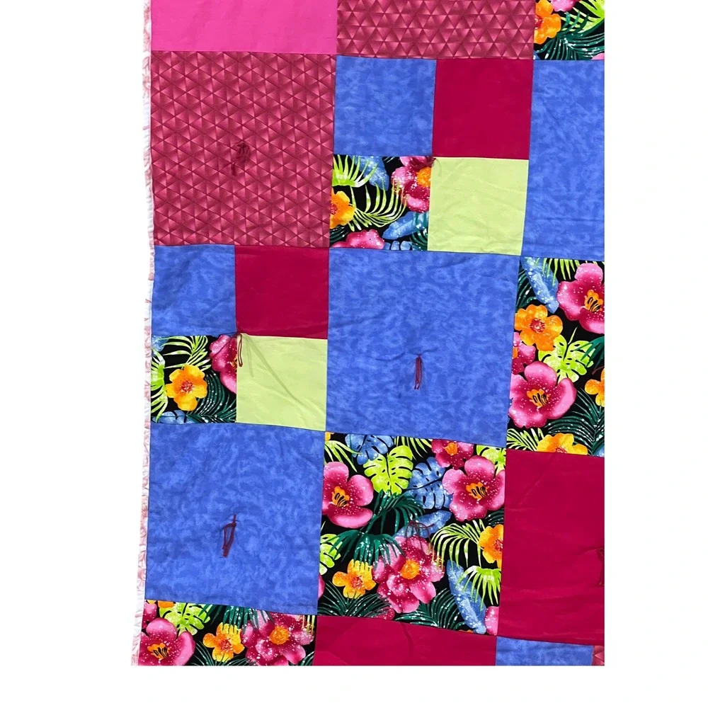Handmade Reversible Tropical Patchwork Twin Quilt 58x74 Shabby Chic Reverse Side